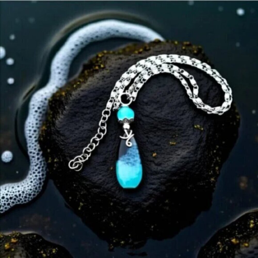 Seafoam Aqua + Black Agate Teardrop Pendant • Boho Beachy Ocean Chic